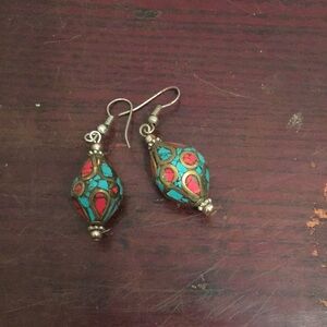 Red and Blue Ethnic Earrings with Antique Beads